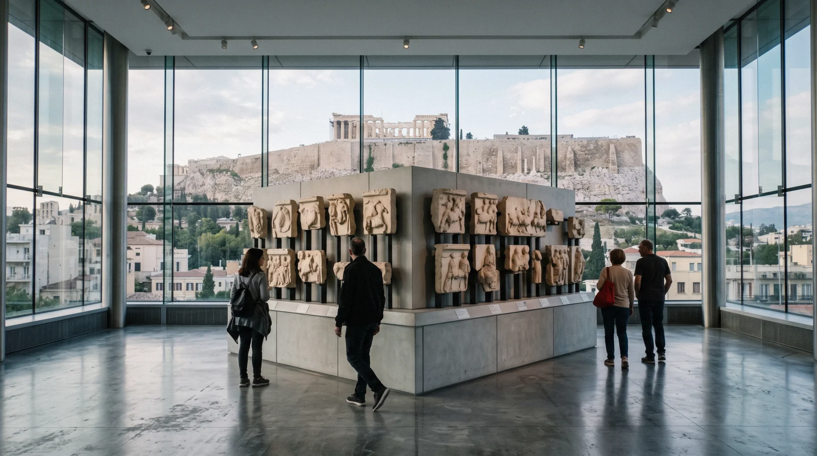 The top-floor Parthenon gallery of the Acropolis Museum in Athens, Greece, with the rock visible through the glass