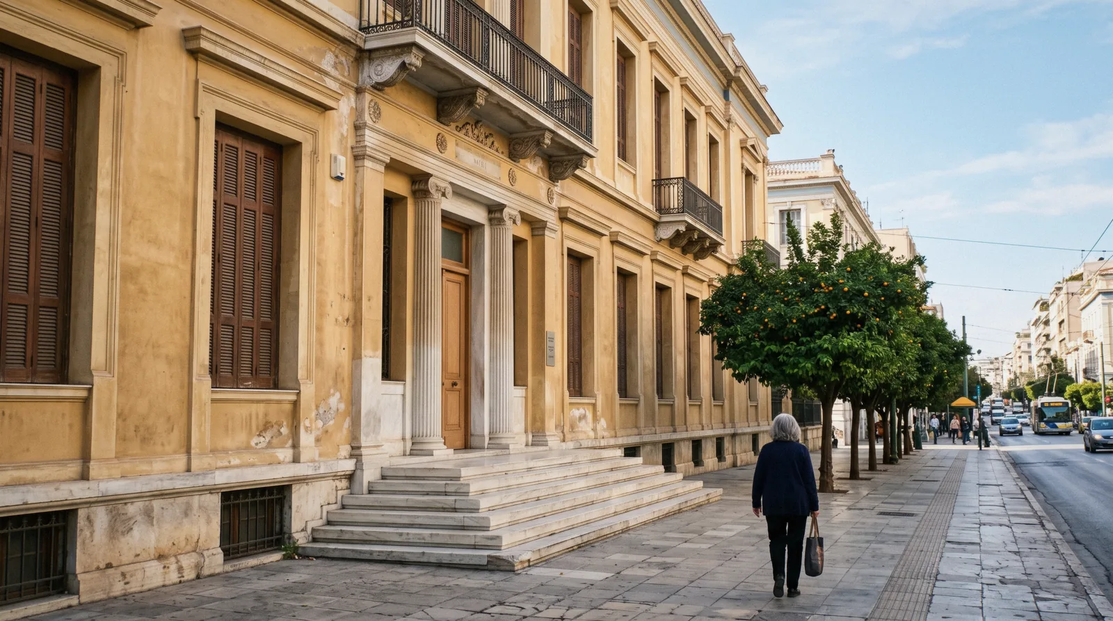 A neoclassical museum facade on Vasilissis Sofias in Athens, Greece, in morning light