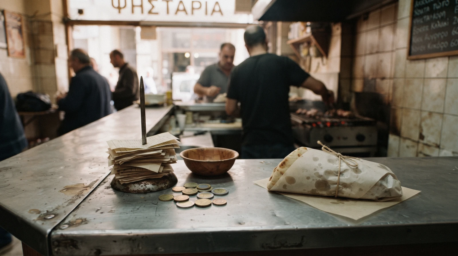 Coins and a wrapped pita on a worn counter in an Athens souvlaki shop, Athens trip cost, Greece