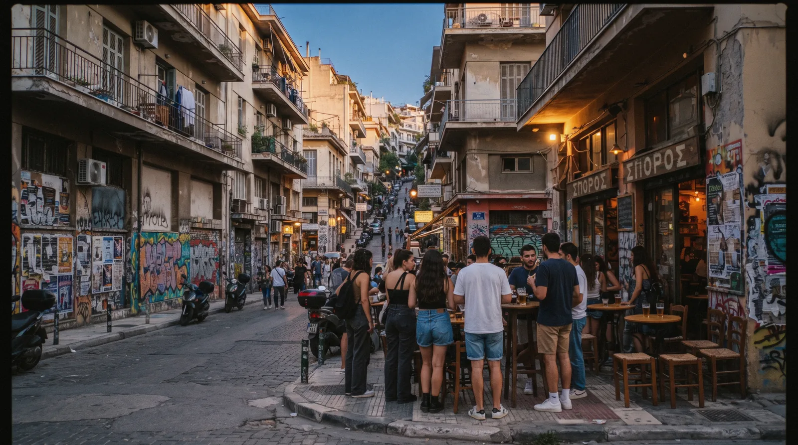A street corner with murals and pavement tables in Exarchia, Athens, Greece