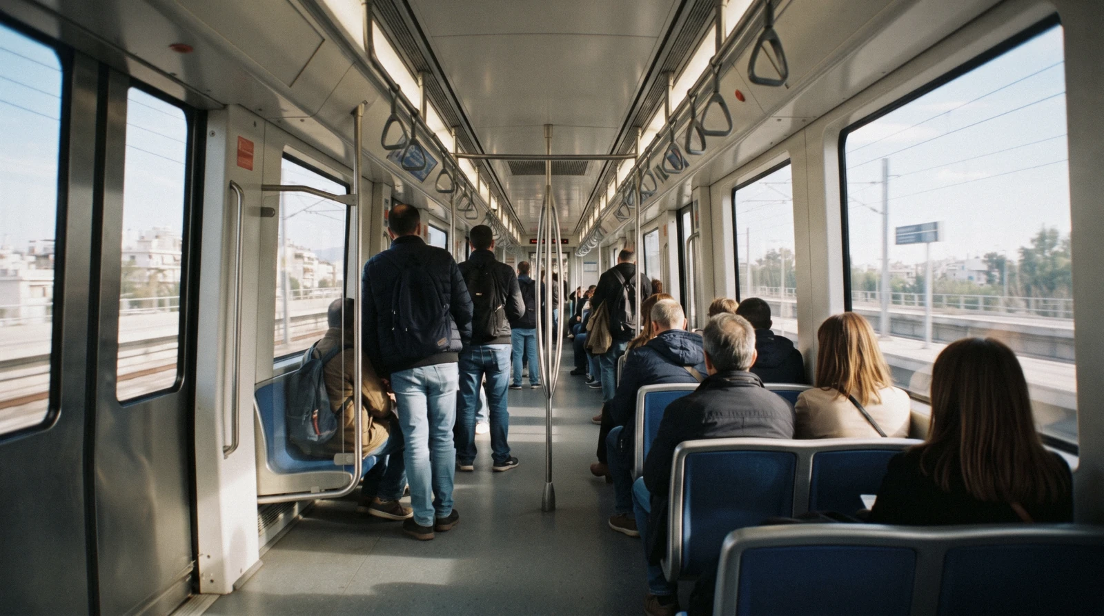 Passengers inside an Athens metro carriage in the morning, Athens public transport, Greece