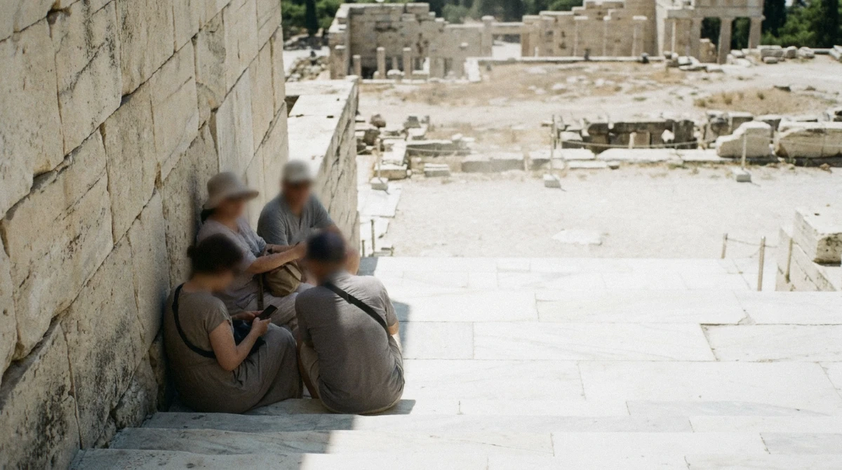 Visitors resting in the narrow shade of a wall on the unshaded marble below the Propylaea in July, Athens, Greece