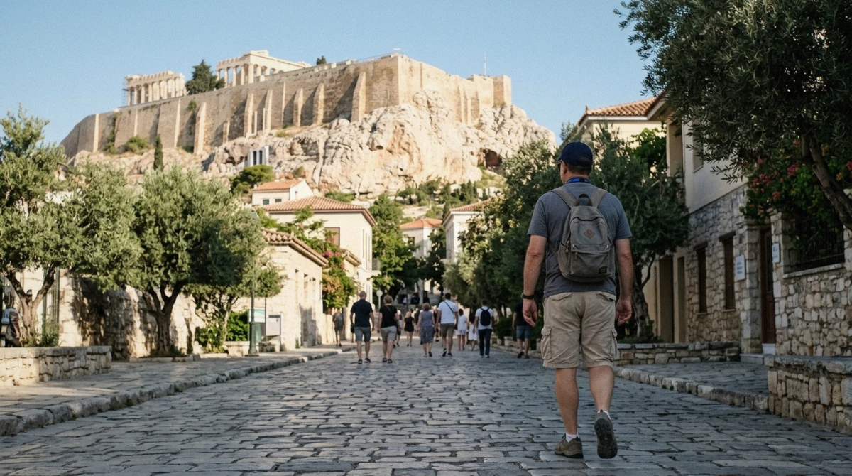 A cruise passenger walking along the pedestrian avenue below the Acropolis in the morning, Athens, Greece
