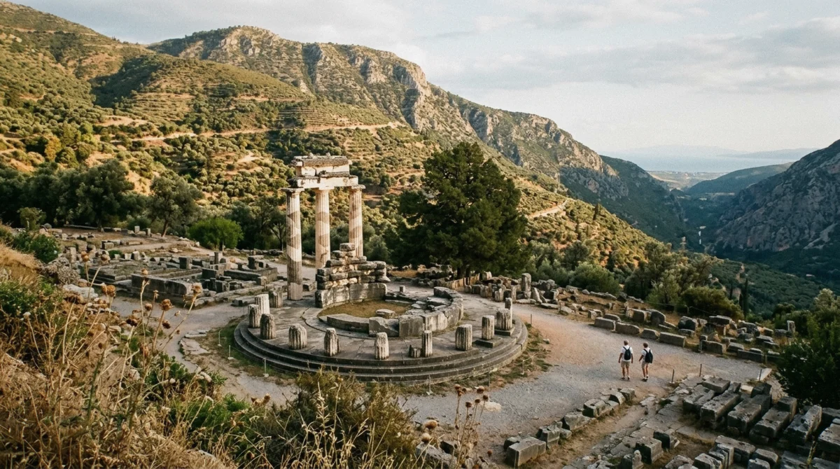 The Tholos at the Sanctuary of Athena Pronaia below Delphi in low afternoon light, on a day trip from Athens, Greece