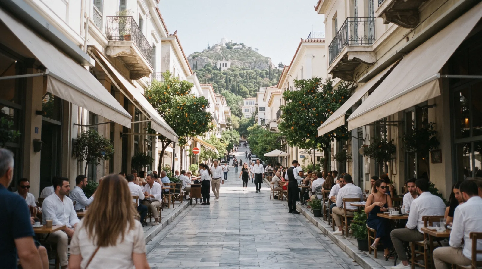 A café-lined street with Lycabettus Hill above it in Kolonaki, Athens, Greece
