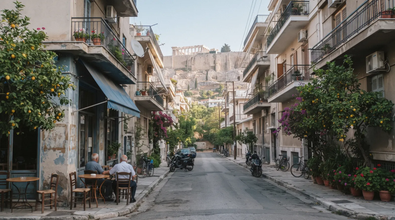 A quiet residential street with balconies in Koukaki below the Acropolis, Athens, Greece
