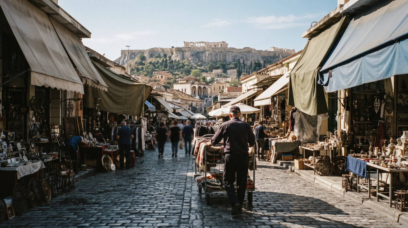 Market stalls setting up on Adrianou below the Acropolis in Monastiraki, Athens, Greece
