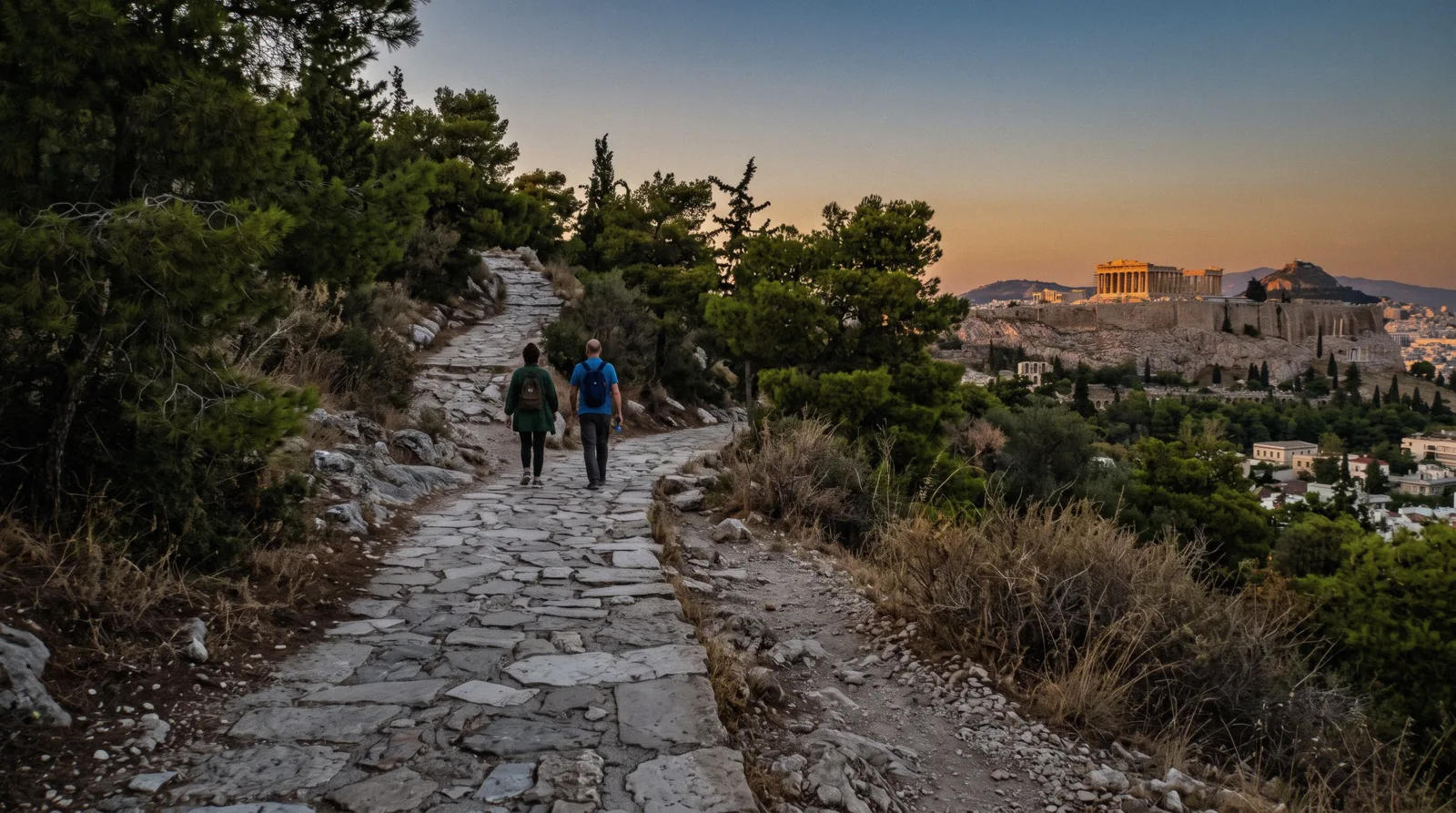 The stone path up Philopappos Hill with the Parthenon in profile across the saddle, Athens, Greece