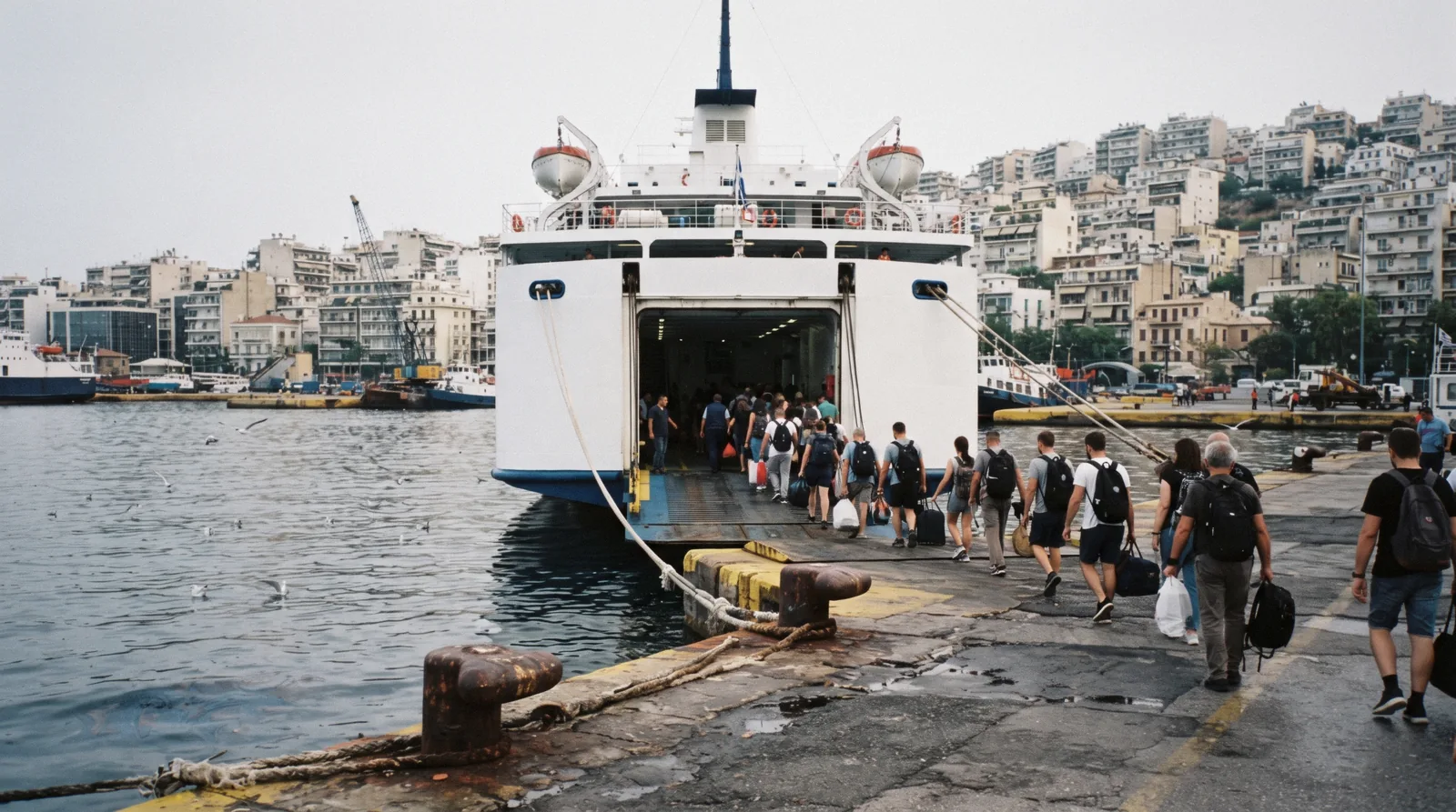 An island ferry loading foot passengers at the port of Piraeus near Athens, Greece