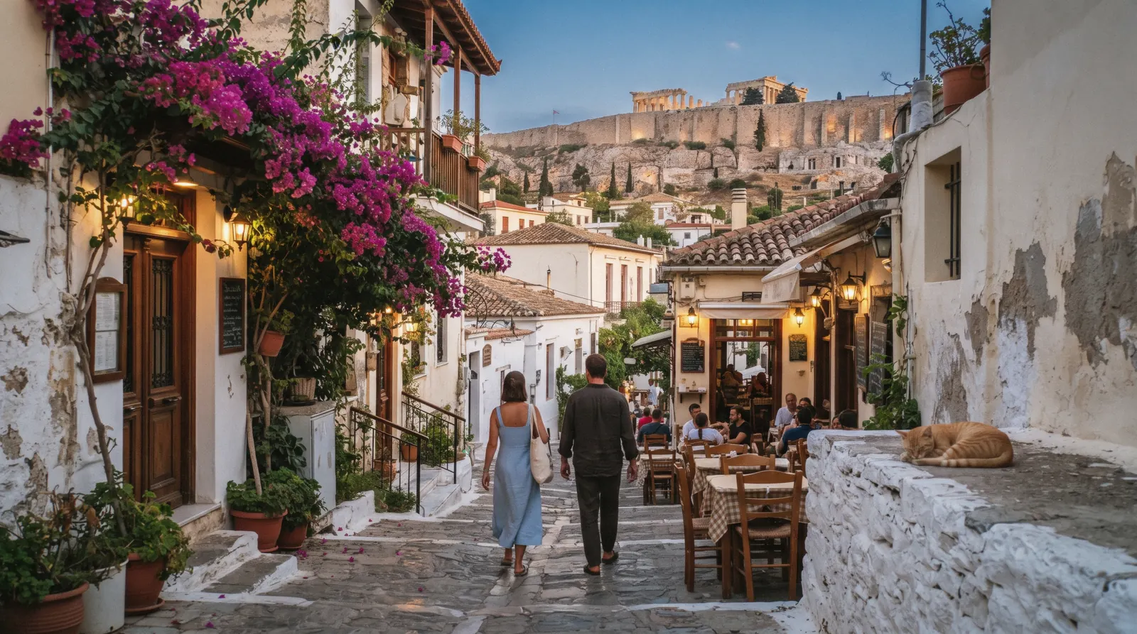A stepped lane with bougainvillea below the Acropolis in Plaka, Athens, Greece