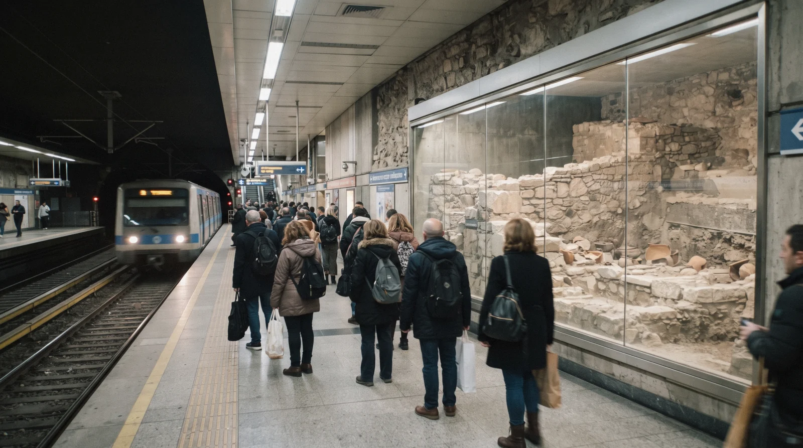 An Athens metro platform with an excavation displayed behind glass, Athens travel tips, Greece