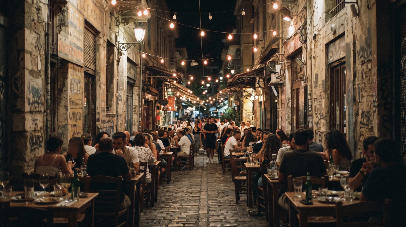 Tables filling a narrow street under strings of bulbs at night in Psyri, Athens, Greece