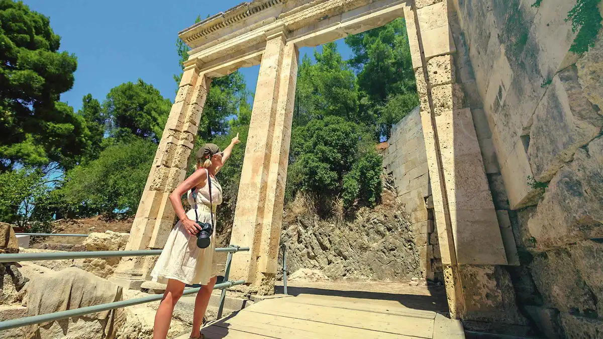 The stone tiers of the ancient theatre at Epidaurus on a small-group day trip from Athens, Greece