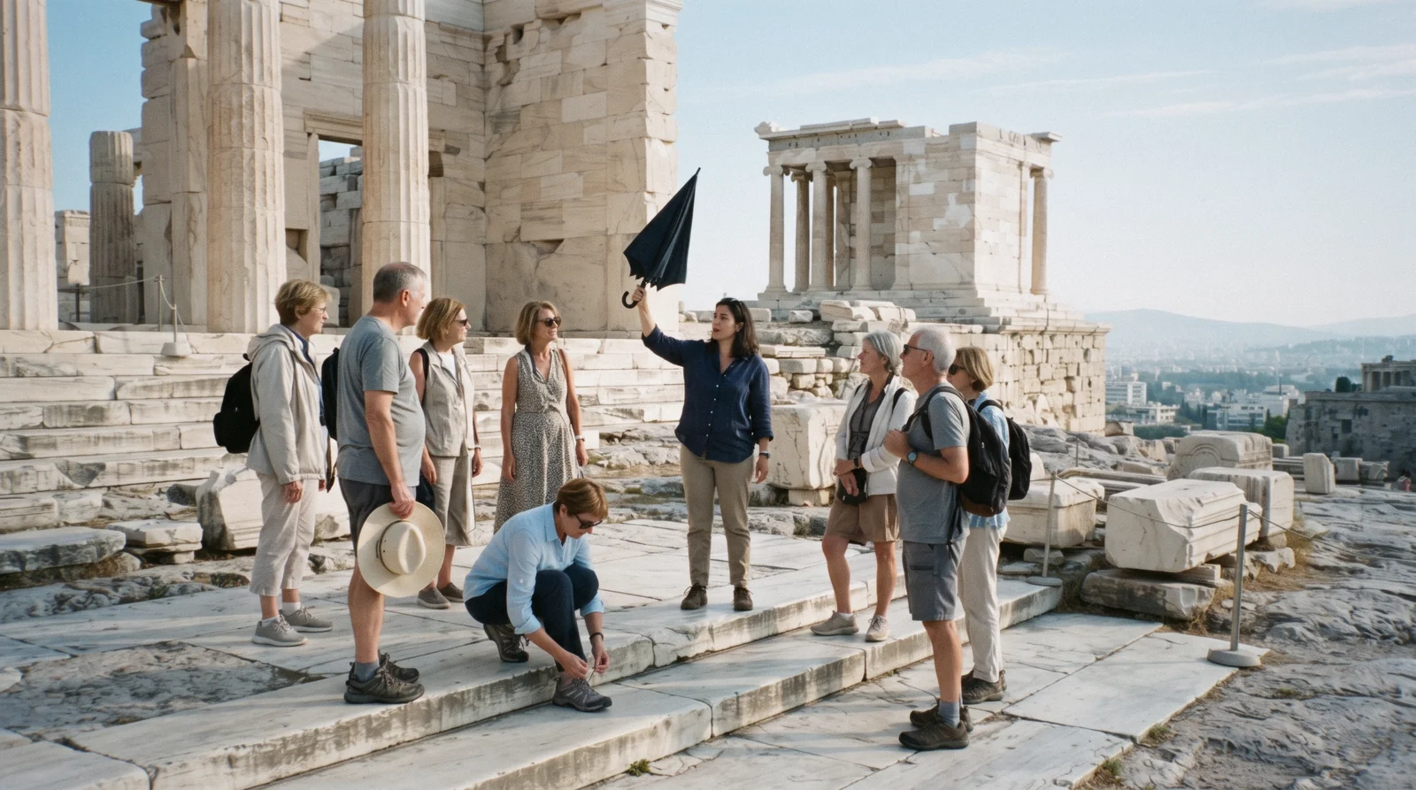 A licensed guide talking to a small group on the marble steps of the Propylaea, one of the Athens tours compared on this page