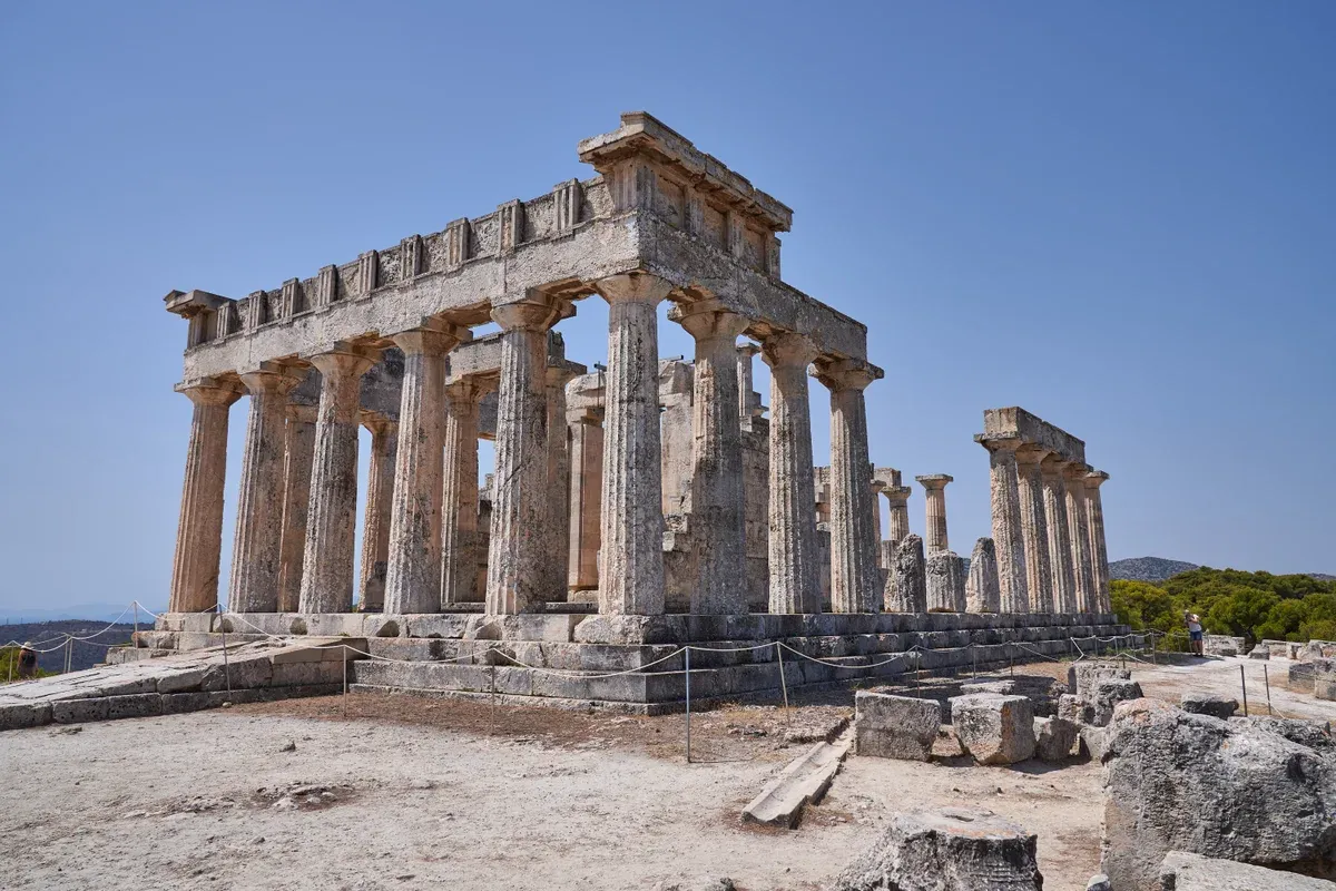 The Doric columns of the Temple of Aphaia on Aegina, reached by scheduled ferry on a day trip from Athens, Greece