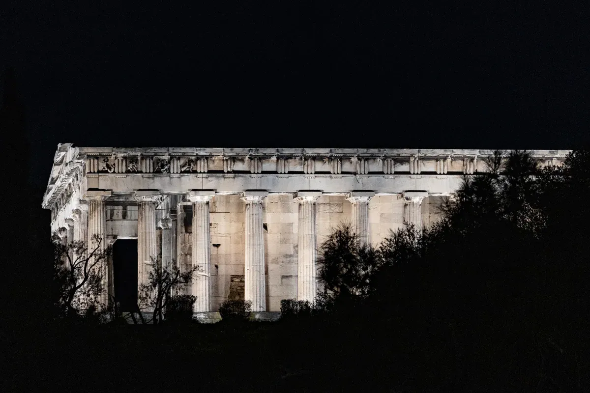 The almost complete Doric Temple of Hephaestus above the Ancient Agora in Athens, Greece