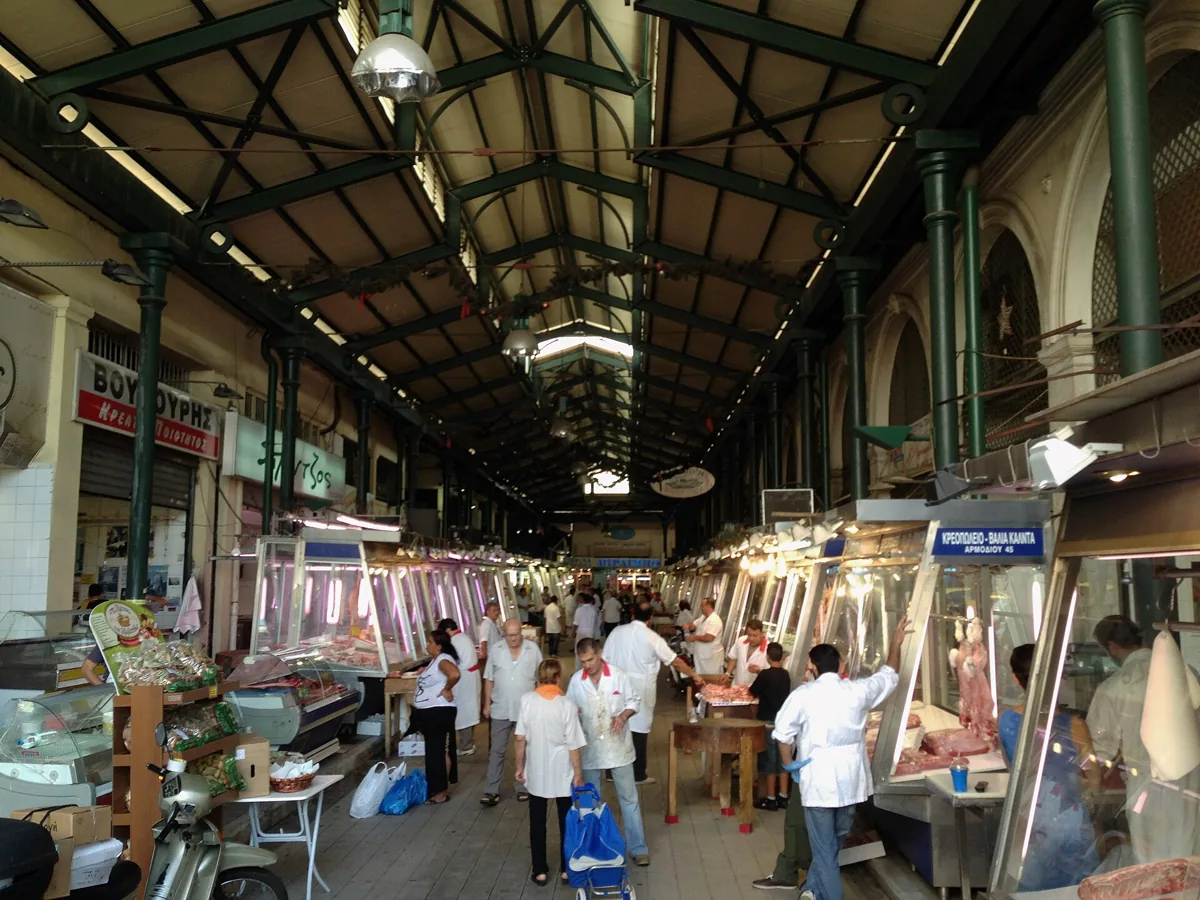 The covered meat hall of the Varvakios central market on Athinas street in Athens, Greece