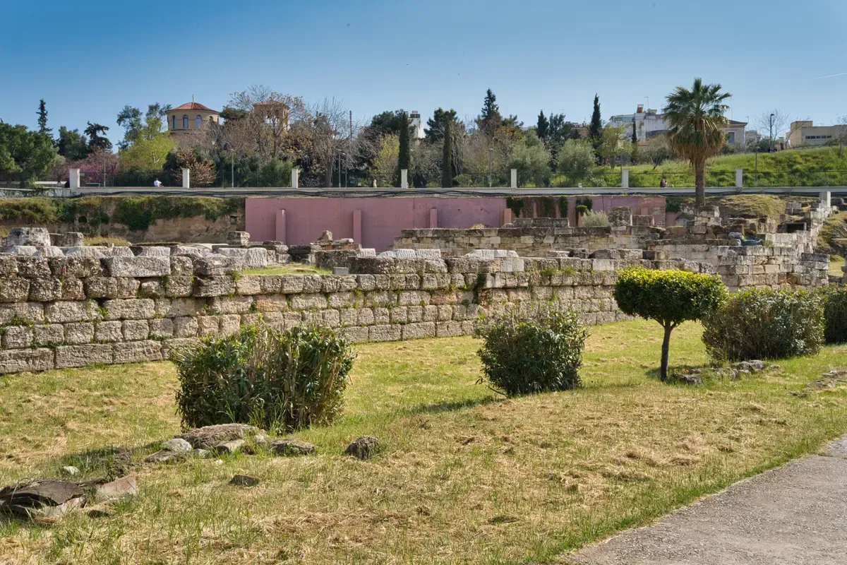 Grave stelai standing among the ruins of the Kerameikos cemetery in Athens, Greece