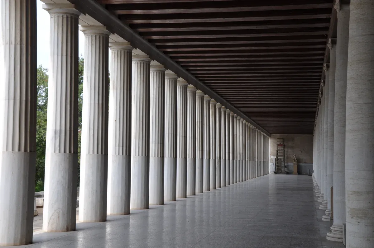 The colonnade of the Stoa of Attalos in the Ancient Agora, one of the few shaded ancient sites in Athens in summer, Greece